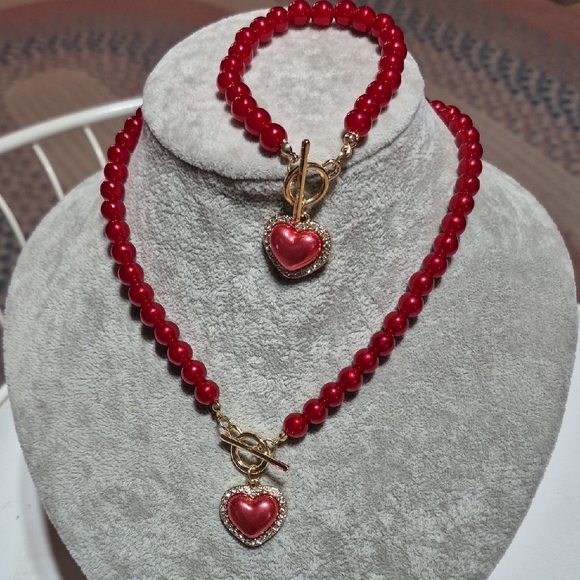 Jewelry - Red Beaded Necklace and Bracelet Set with Heart Pendant. NEW.